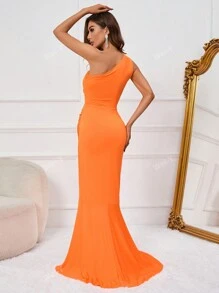 One Shoulder Ruched Split Thigh Floor Length Dress