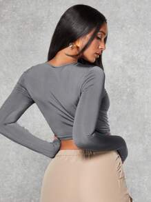 SHEIN BAE Cut Out Front Tie Front Crop Top - Dark Grey - View 2