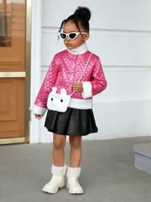 SHEIN 女小童羊絨領口拼接毛茸邊夾克附包 - 玫紅色 - 查看 4