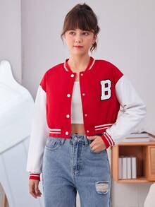 少女字母拼接条纹落肩短款夹棉外套 - 紅色 - 查看 6