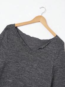 SHEIN EZwear Plus Notched Neck Lettuce Trim Tee - Dark Grey - View 3