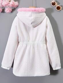 SHEIN 女大童1入組拉鏈開襟毛茸邊連帽加絨內裏外套 - 白色 - 查看 2