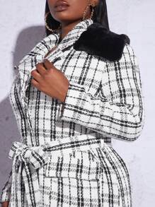 Slaydiva Plus Plaid Print Belted Overcoat - Black and White - View 4