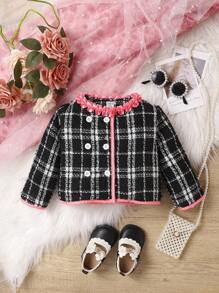 Baby Girl Plaid Pattern Frill Trim Double Breasted Coat - Black - View 1