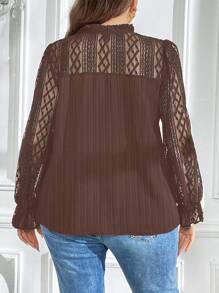 SHEIN LUNE Plus Contrast Lace Flare Sleeve Tie Neck Blouse - Coffee Brown - View 2