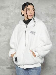 青少年女孩字母貼布落肩袖連帽毛絨夾克 - 白色 - 查看 1