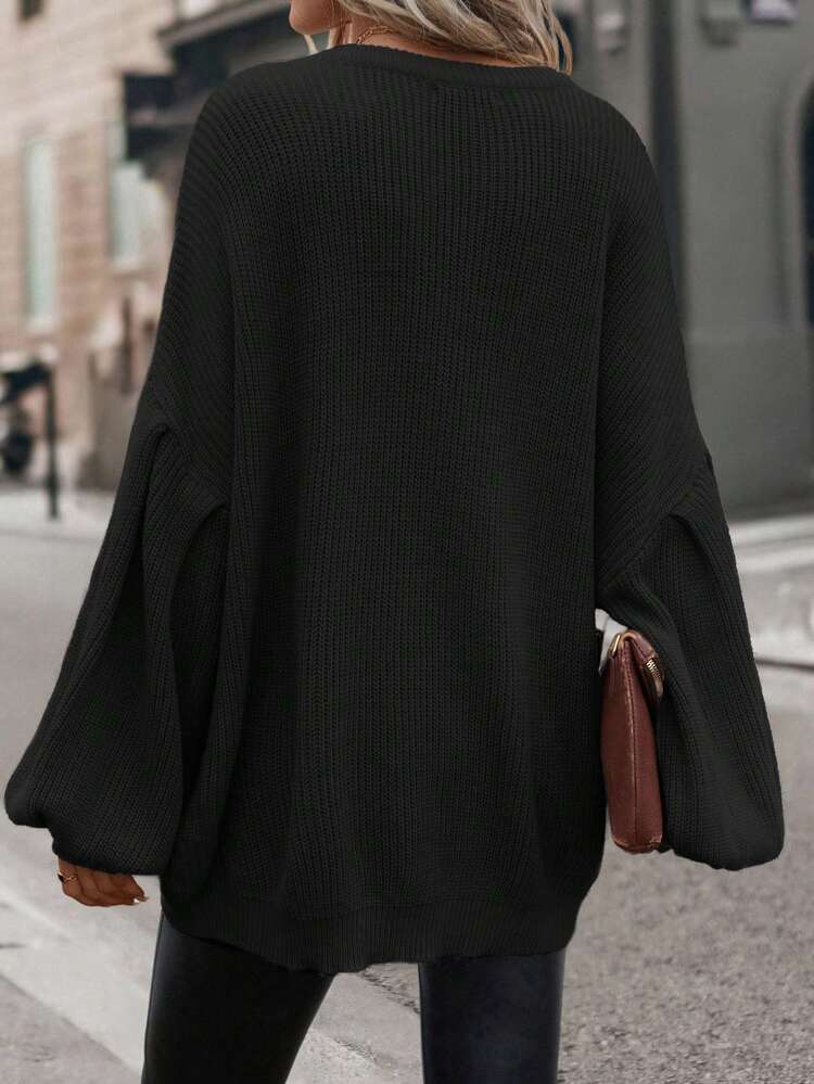 Solid Batwing Sleeve Ribbed Knit Sweater,Long Sleeve Tops In Fall/Winter