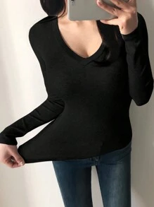 DAZY Camiseta de cuello en V sólido, ropa de otoño para mujer con manga larga
