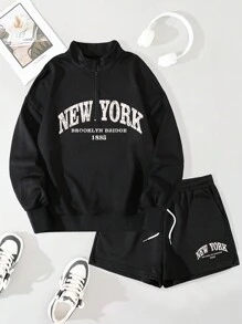 SHEIN Unity Letter Graphic Half Zip Sweatshirt & Drawstring Waist Shorts - Black - View 1
