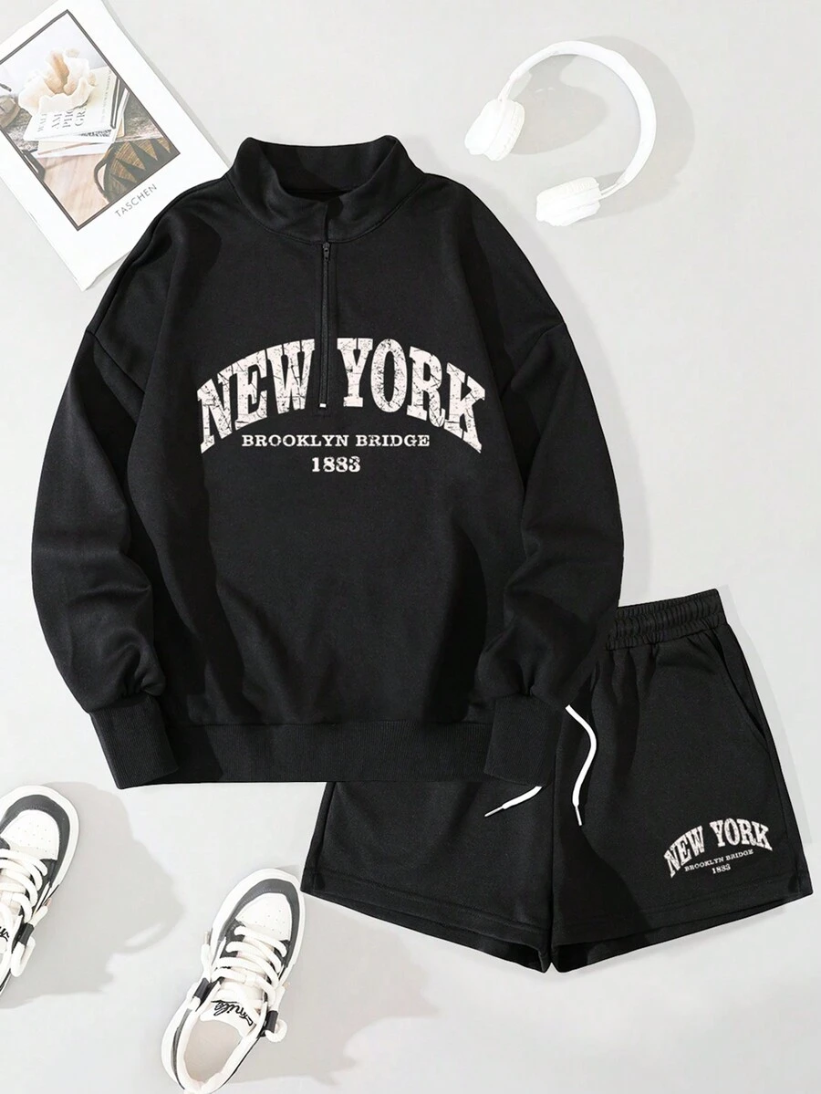 SHEIN Unity Letter Graphic Half Zip Sweatshirt & Drawstring Waist Shorts - Black - View 1