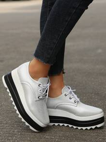 女士們蛇皮有圖案的防水台坡跟&厚下裝鞋帶方形腳趾 - 銀色 - 查看 5