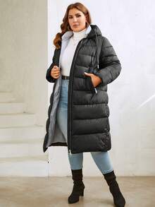 MIEGOFCE Plus Size Women Zipper Drawstring Hooded Long Sleeve Long Winter Coat - Black - View 3
