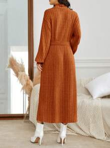 SHEIN Frenchy 紐扣細節繫腰帶洋裝 - 鏽棕色 - 查看 3