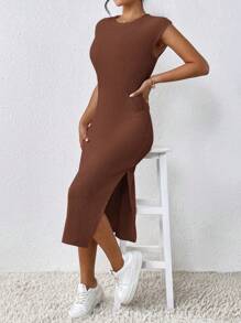 SHEIN Frenchy Vestido de mujer con textura y raja frontal - Café integral - Ver 7