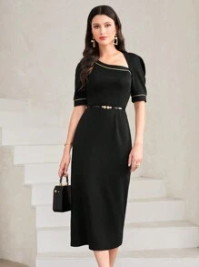 Modelyn Asymmetrical Neck Puff Sleeve Dress Without Belt - Black - View 3