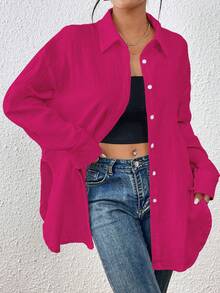 SHEIN LUNE 落肩袖前紐扣下擺開叉襯衫不附吊帶上衣 - 玫紅色 - 查看 6