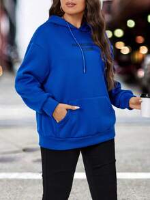 Calvaya 加大码标语图案落肩抽绳卫衣 - 寶藍色 - 查看 3