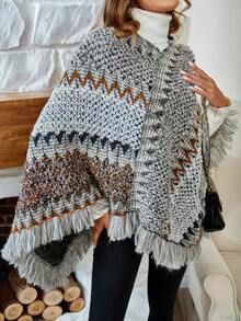 SHEIN LUNE 幾何圖案流蘇邊斗篷毛衣 - 灰色 - 查看 3