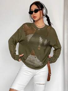 SHEIN EZwear Solid Drop Shoulder Ripped Sweater - Army Green - View 5