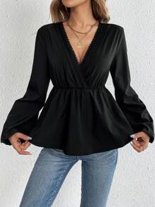SHEIN Tall Guipure Lace Trim Lantern Sleeve Peplum Blouse