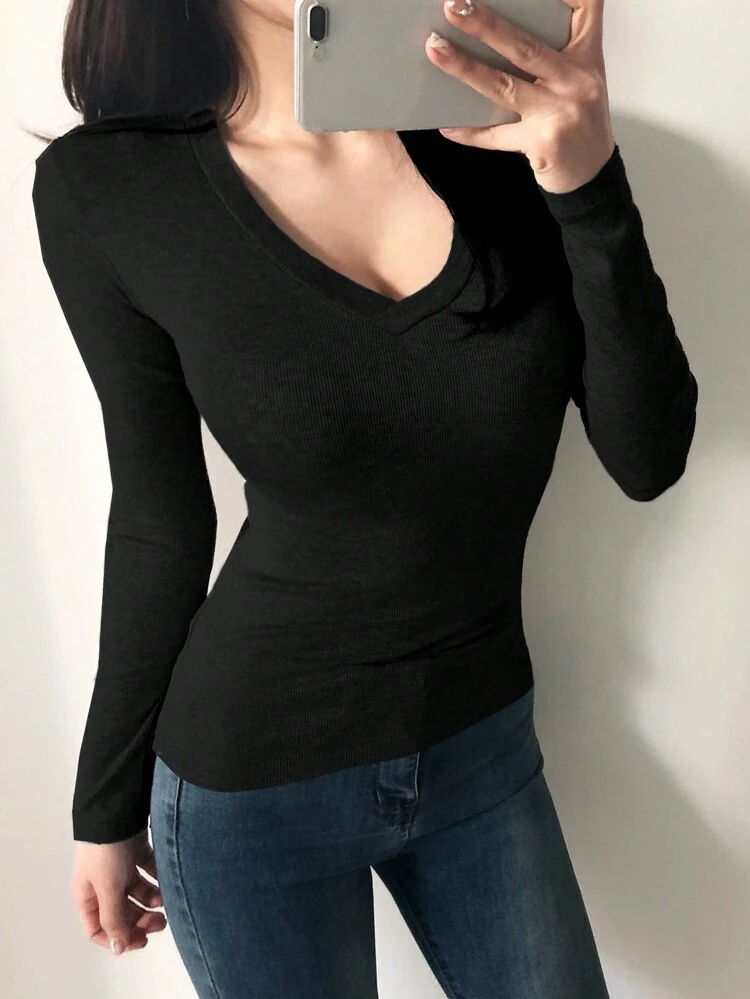 Solid V Neck Tee,Fall Clothes Long Sleeve Women Tops