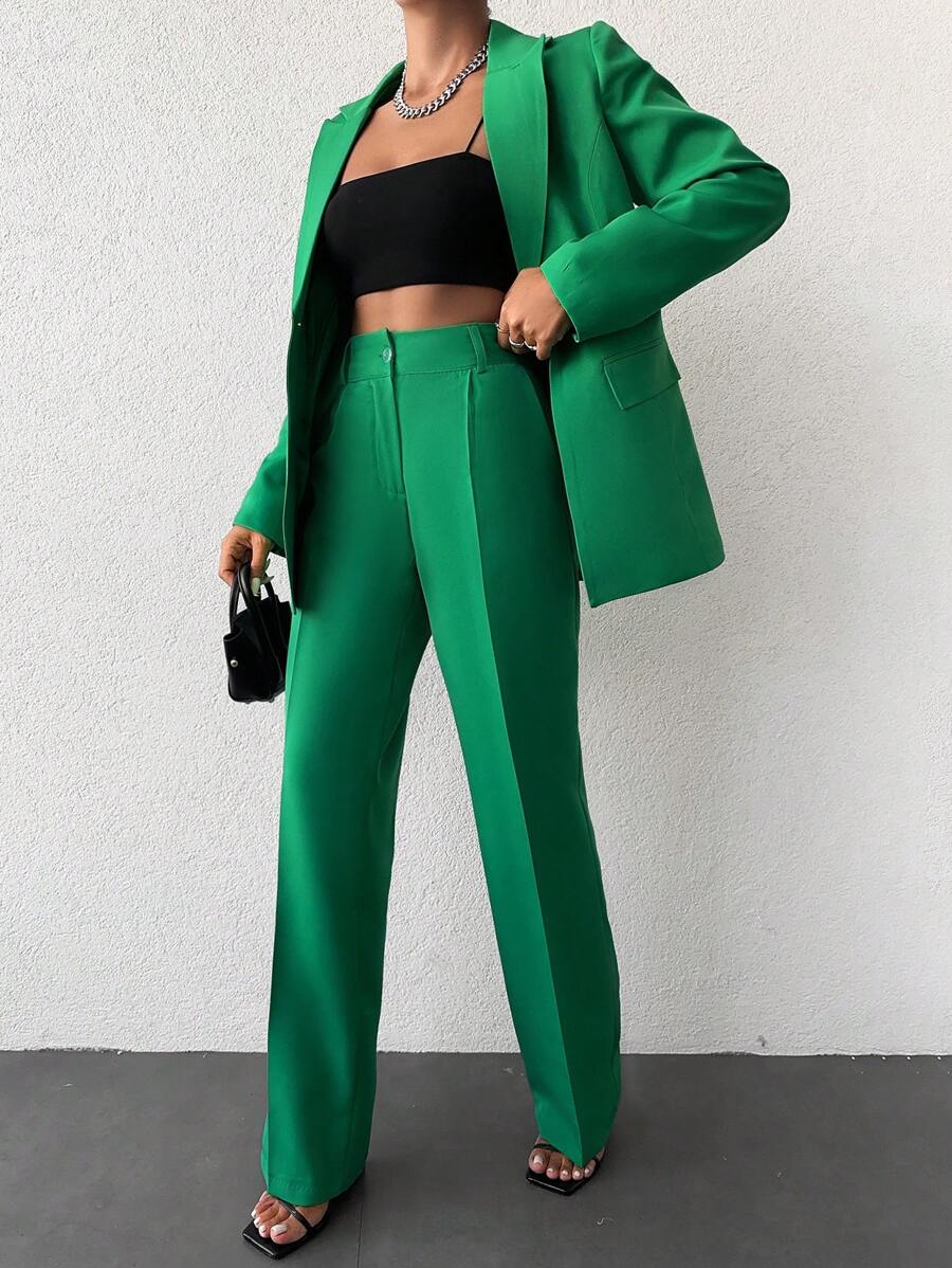 EURMUSE Solid Lapel Neck Blazer & Suit Pants - Green - View 1