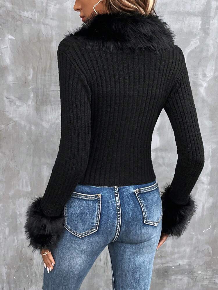 Borg Collar Fuzzy Cuff Zip Up Cardigan
