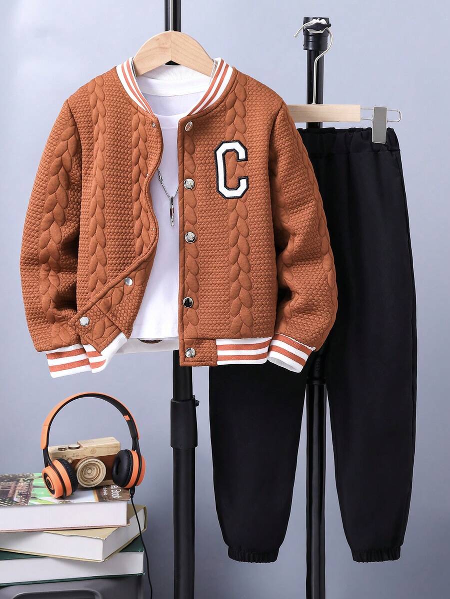 Chàng trai trẻ Thư được vá Sọc trang trí Áo khoác Đại học & Quần Without Tee - màu nâu - Xem 1