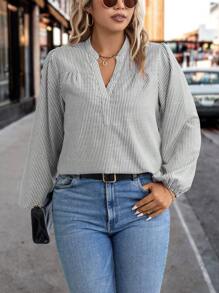 SHEIN LUNE 大碼條紋印花燈籠袖襯衫 - 灰色 - 查看 1