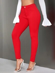 SHEIN SXY Quần Skinny Dây Kéo Rắn - Đỏ - Xem 4