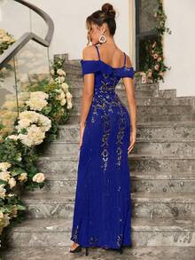 Cold Shoulder Sequin Decor Mermaid Hem Formal Dress (Flower Position Is Random) - Royal Blue - View 4