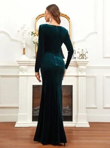 SHEIN Belle Vestido formal de terciopelo con cuello cuadrado y abertura en el muslo, elegante vestido de manga larga para fiesta de graduación, cena o evento de boda