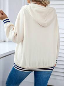 Calvaya Plus Size Contrast Color Striped Drawstring Hooded Sweatshirt, Casual Autumn/Winter - Apricot - View 2