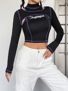 SHEIN EZwear 字母圖案頂針短款T恤&吊帶上衣 - 黑色 - 查看 4