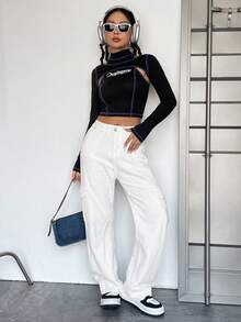 SHEIN EZwear 字母圖案頂針短款T恤&吊帶上衣 - 黑色 - 查看 5