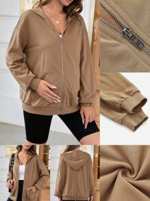 SHEIN Maternity Zip Up Drop Shoulder Hooded Jacket - Camel - View 1