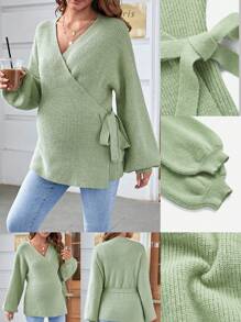 SHEIN Áo len Bà bầu Trọn gói Thắt nút màu trơn Giải trí - Màu xanh Bạc hà - Xem 1