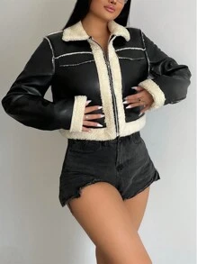 SHEIN SXY 泰迪熊襯里拉鏈 PU 皮夾克 - 黑色 - 查看 6