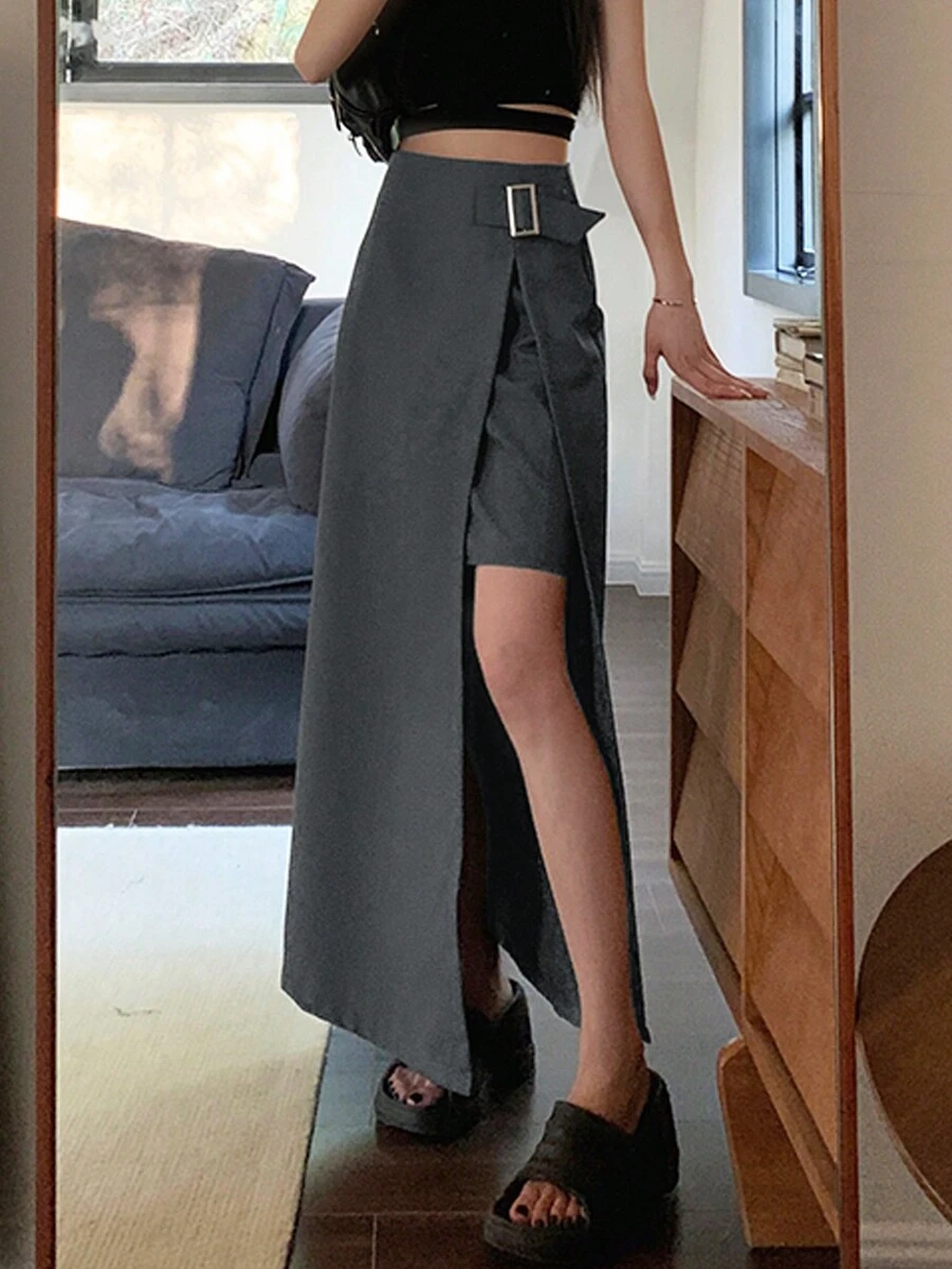 灰色高腰開衩女款半身裙