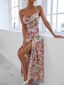 Floral Print Split Thigh Cami Dress - Multicolor - View 4