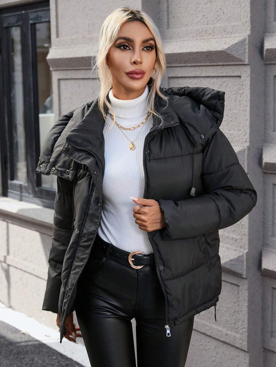 SHEIN LUNE 休闲纯色抽绳连帽加厚棉服外套，冬季服装 - 黑色 - 查看 1