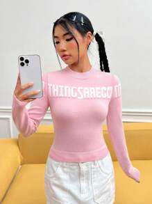 SHEIN EZwear Mẫu chữ Cổ giả Áo len - Hồng - Xem 1