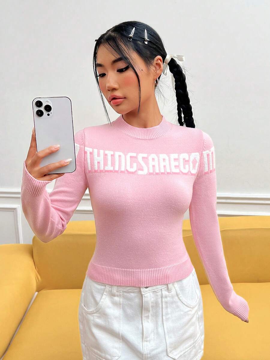 SHEIN EZwear Mẫu chữ Cổ giả Áo len - Hồng - Xem 1