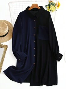 SHEIN LUNE 大碼補丁貼口袋落肩袖襯衫 - 藏蓝色 - 查看 1