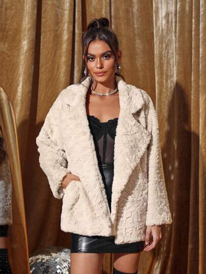 Zolique Lapel Neck Drop Shoulder Fuzzy Coat Fall Cloth For Women