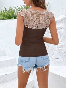 SHEIN VCAY Bảng điều khiển ren Guipure Đường viền cổ có rãnh Áo ba lỗ - màu nâu - Xem 2
