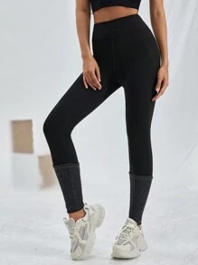 SHEIN EZwear 素色寬腰帶緊身打底褲 - 黑色 - 查看 5