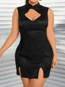 Allurite Plus Mandarin Collar Split Hem Satin Dress - Black - View 1