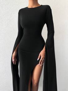 SHEIN Cottnline Solid Split Thigh Cloak Sleeve Split Thigh Dress - Black - View 4