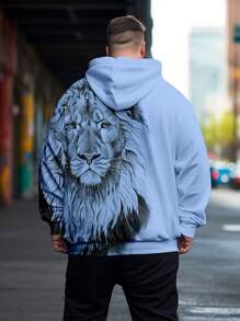 Manfinity LEGND Men Plus Lion Print Kangaroo Pocket Drawstring Hoodie - Baby Blue - View 2